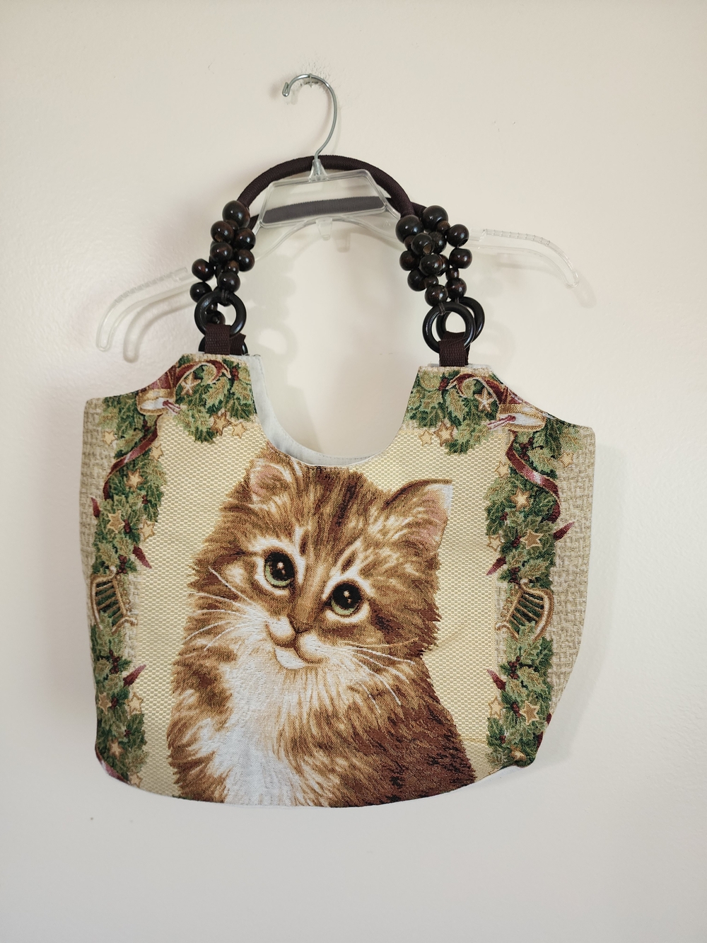 Source Unknown Cream and Brown Cat Tapestry Shoulder Bag